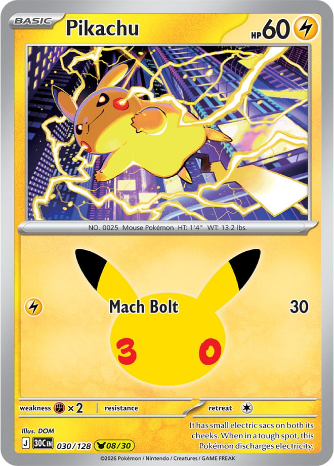 Pikachu 030/128 - POKEMON: 30TH CELEBRATION - Pokemon Single Card