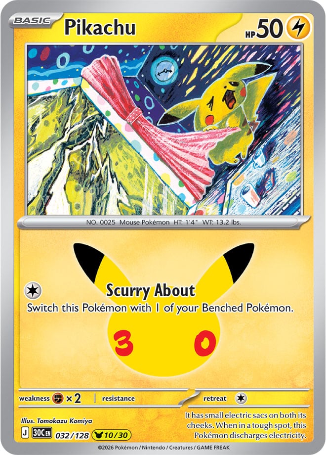 Pikachu 032/128 - POKEMON: 30TH CELEBRATION - Pokemon Single Card