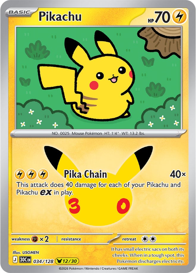 Pikachu 034/128 - POKEMON: 30TH CELEBRATION - Pokemon Single Card