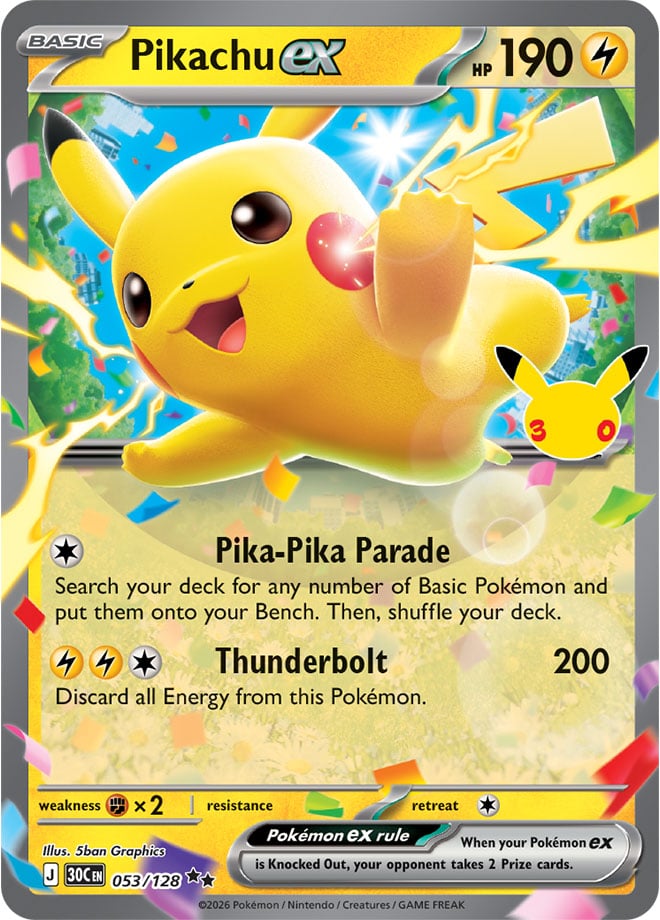 Pikachu ex 053/128 - POKEMON: 30TH CELEBRATION - Pokemon Single Card
