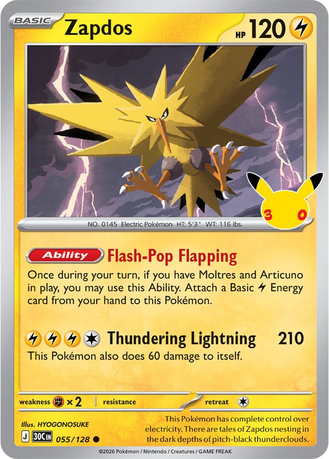 Zapdos 055/128 - POKEMON: 30TH CELEBRATION - Pokemon Single Card