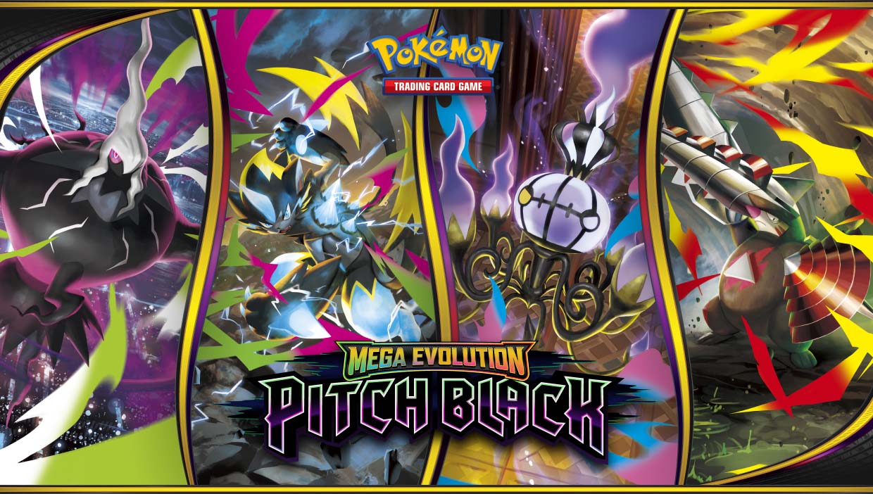 Promotional artwork for the Pokémon Trading Card Game Mega Evolution Pitch Black set, featuring stylized illustrations of dark electric-type Pokémon with bold yellow, purple, black, and red graphics.
