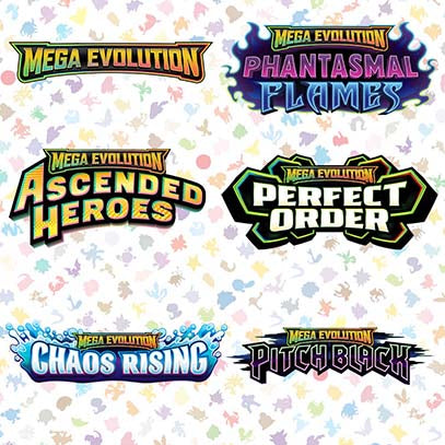 Pokemon TCG Mega Evolutions logos, featuring different sets including: Mega Evolution Base Set, Phantasmal Flames, Ascended Heroes, Perfect Order, Chaos Rising and Pitch Black.