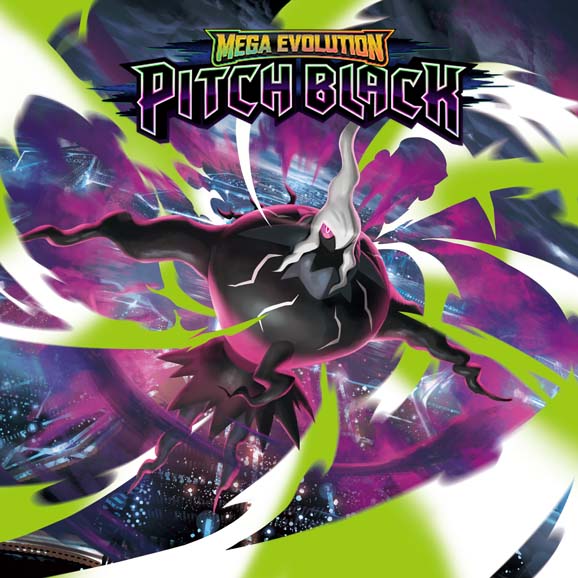 Mega Evolution Pitch Black card art featuring the black Pokémon Mega Darkrai ex against and a swirling purple, pink, and lime-green energy background with the Mega Evolution logo at the top.