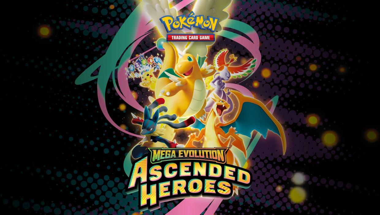 Pokemon Ascended Heroes Singles banner featuring Mega Dragonite ex, Mega Charizard Y ex, Mega Lucario ex and more Pokemon
