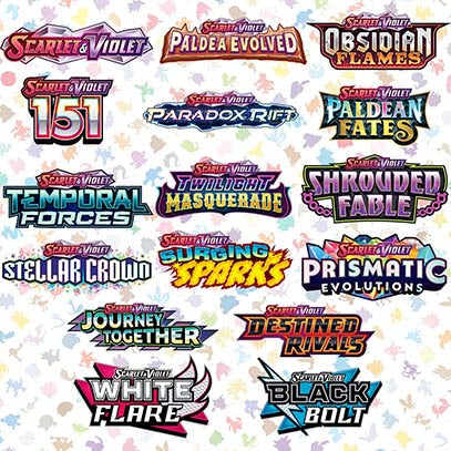 Multiple logos from the Pokemon TCG: Scarlet & Violet era. The logos feature various set names like 'Scarlet & Violet 151', 'Paradox Rift', 'Twilight Masquerade', 'Shrouded Fable', 'Stellar Crowd', 'Surging Sparks', 'Prismatic Evolutions', 'Journey Together', 'Destined Rivals', 'White Flare', and 'Black Bolt'.