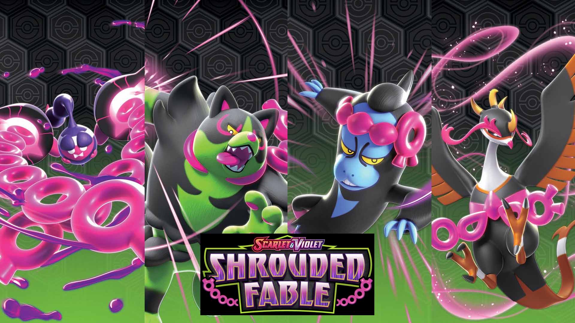 Pokemon Scarlet & Violet: Shrouded Fable logo featuring Okidogi, Munkidori, Fezandipiti and Pecharunt